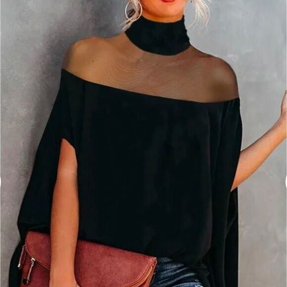 BLACK TUNIC TOP WITH BATWING SLEEVES AND SHEER TOP - Picture 1 of 14